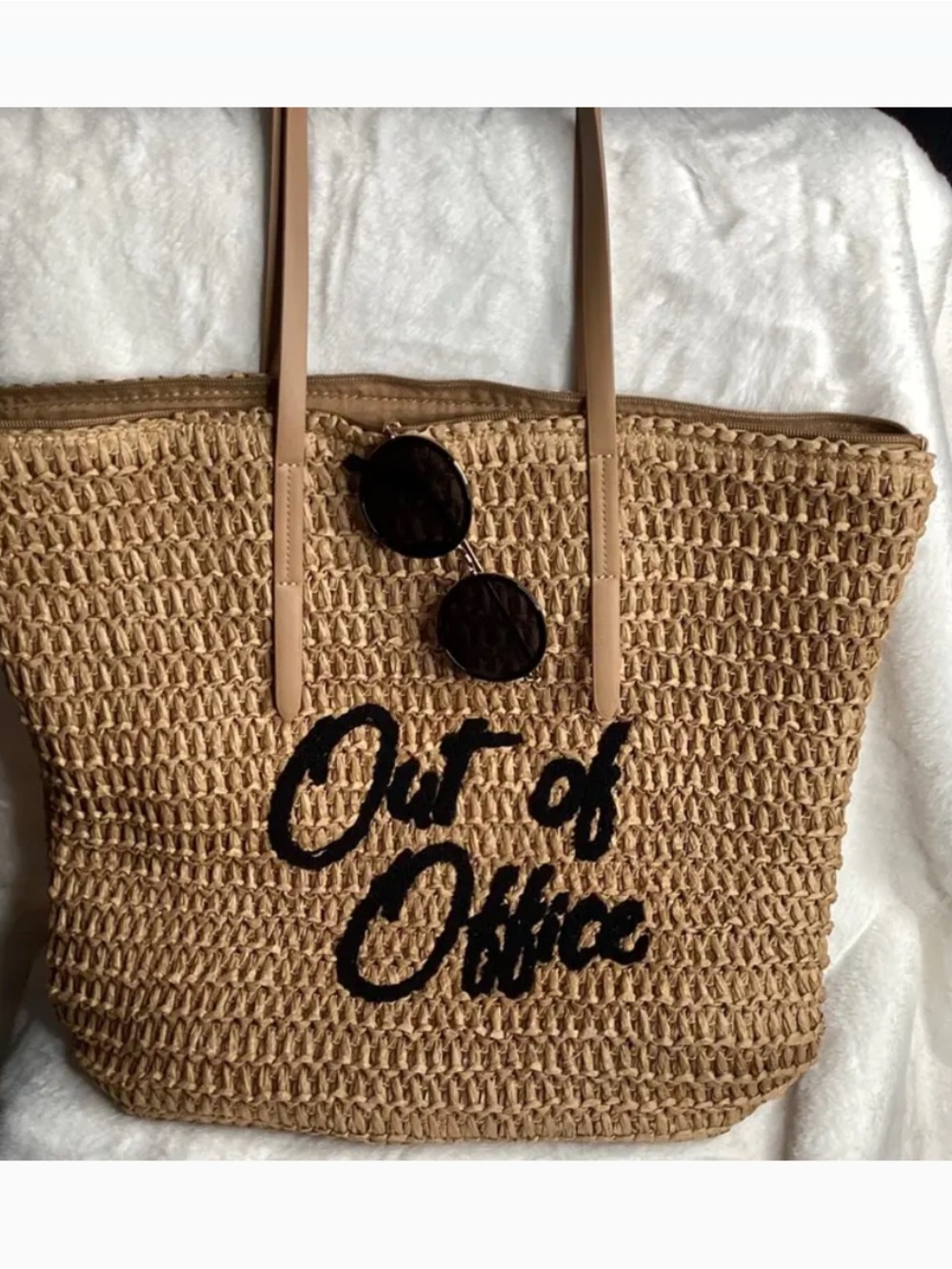 Out of Office Woven Natural Straw Raffia Jute Beach Tote Shopper Bag